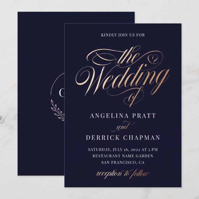 Convite Detalhes de Casamento Luxo Azul Marinho Dourado (Frente/Verso)