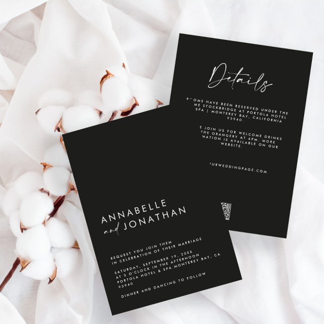 Convite Detalhes de Casamento preto mínimo moderno QRCode (Criador carregado)