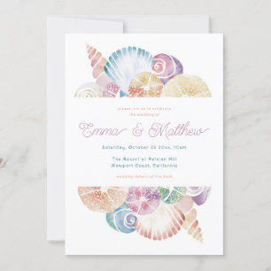 Convite Detalhes de Casamento Watercolor Seashell Costas,