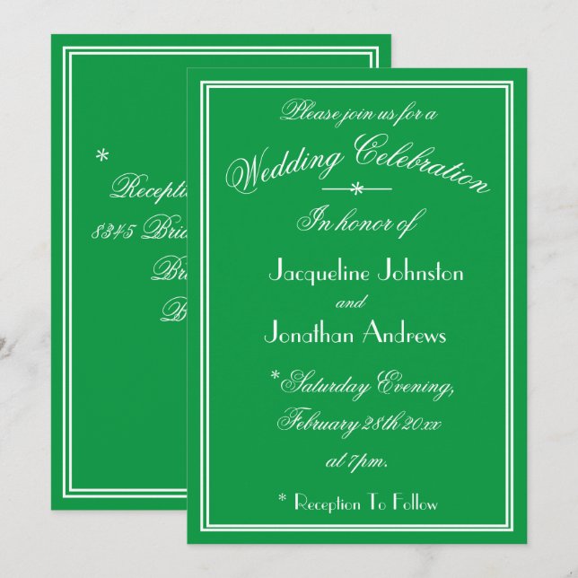 Convite Detalhes de Fonte Branca Simples Casamento Verde E (Frente/Verso)