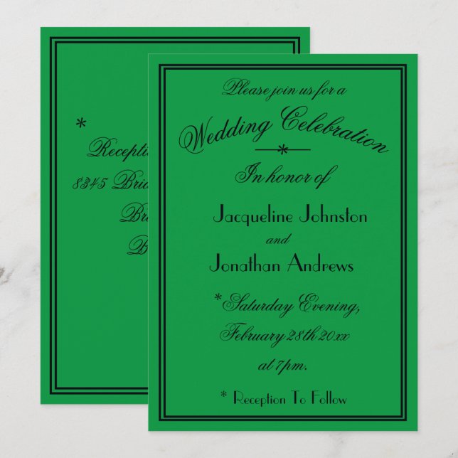 Convite Detalhes de Fonte Preta Simples Casamento Verde Es (Frente/Verso)