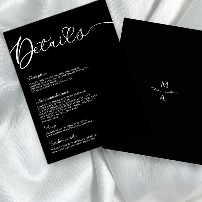 Convite Detalhes do branco preto sobre caligrafia moderna  (minimalist modern black and white wedding details card)