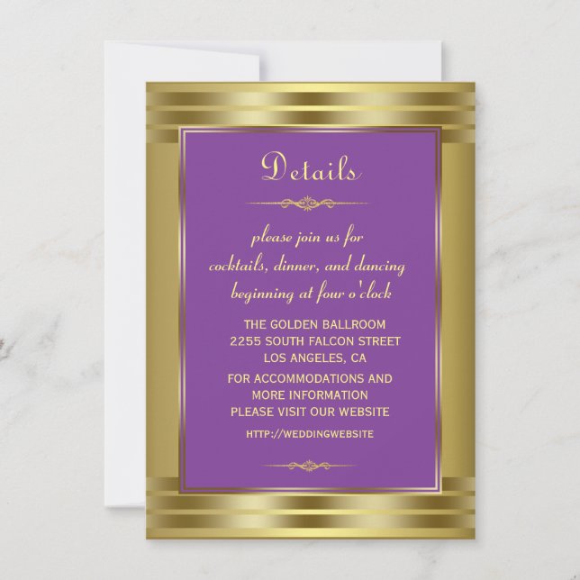 Convite Detalhes do Casamento com Bebês Roxo e Dourado (Frente)