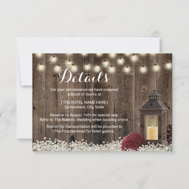 Convite Detalhes do Casamento com Lanterna Rústica e Flor  (Frente)