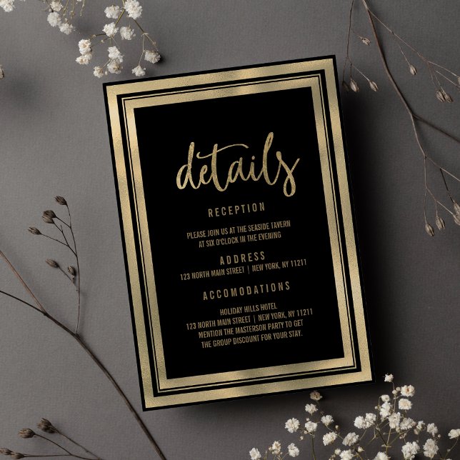 Convite Detalhes do casamento de luxo negro minimalista (Minimalist luxury black gold wedding Details )