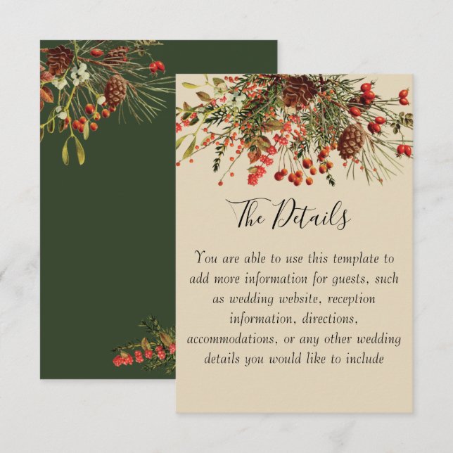Convite Detalhes do Casamento de Natal com Bagas e Verde (Frente/Verso)