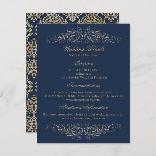 Convite Detalhes do casamento do Marinho Dourado e legante (Frente/Verso)