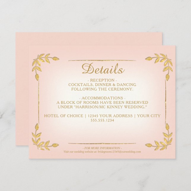 Convite Detalhes do Casamento Dourado do Elegante Blush Gr (Frente/Verso)