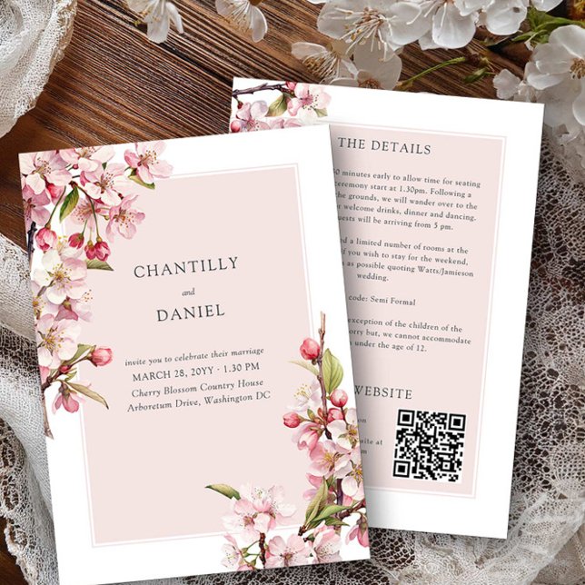 Convite Detalhes do Casamento e Site de Cherry Blossom (Wedding invitation with details and qr code - Cherry Blossom Wedding Collection by Darling & May)