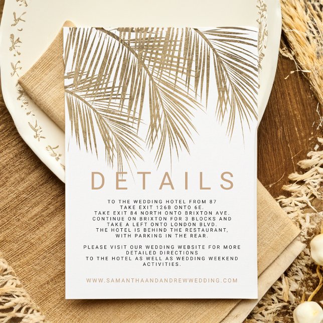 Convite Detalhes do casamento elegante de palmeira de ouro (Modern faux gold palm tree elegant wedding details invitation)