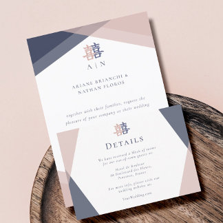 Convite Detalhes do Casamento Geométrico Chinês Azul-Rosa 