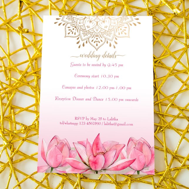 Convite Detalhes do casamento indiano RSVP lotus gold mand (Criador carregado)