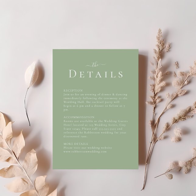 Convite Detalhes do Casamento Minimalista Moderno de Sage  (Sage Green Modern Minimalist Wedding Details Invitation on a table with blush pink flowers.)