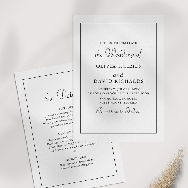 Convite Detalhes do Casamento Minimalista Moderno Elegante (Elegant Modern Minimalist Wedding Details Invitation on a white table.)