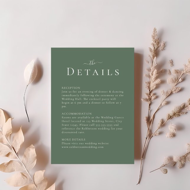 Convite Detalhes do Casamento Minimalista Moderno Verde da (Dark Sage Green Modern Minimalist Wedding Details Invitation on a table with blush pink flowers.)