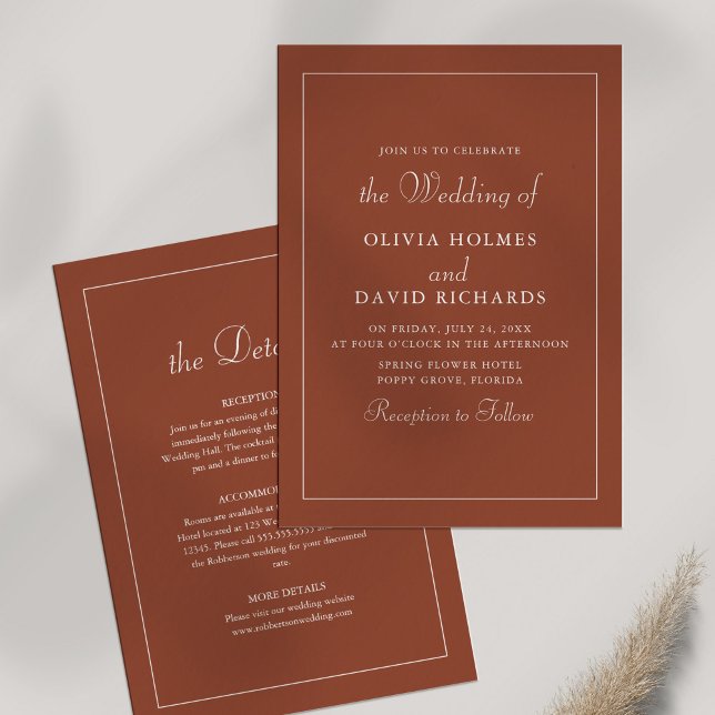 Convite Detalhes do Casamento Minimalista Terracotta (Terracotta Modern Minimalist Wedding Details Invitation on white background.)