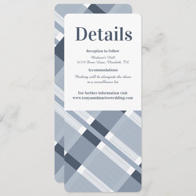 Convite Detalhes do casamento moderno da Xadrez Marinho Az (Frente/Verso)
