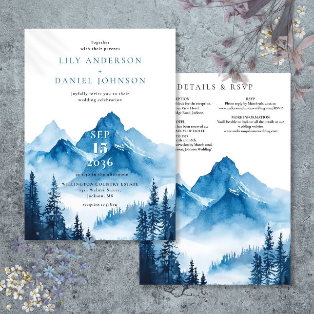 Convite Detalhes do Casamento na Montanha com Aquarela Azu (Rustic Blue Watercolor Mountain Wedding Details Invitation)