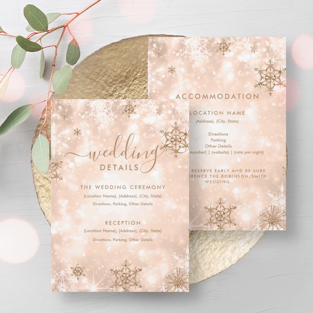 Convite Detalhes do Casamento no inverno Dourado Rosa do F (Festive Sparkle Rose Gold Winter Wedding Details Invitation)