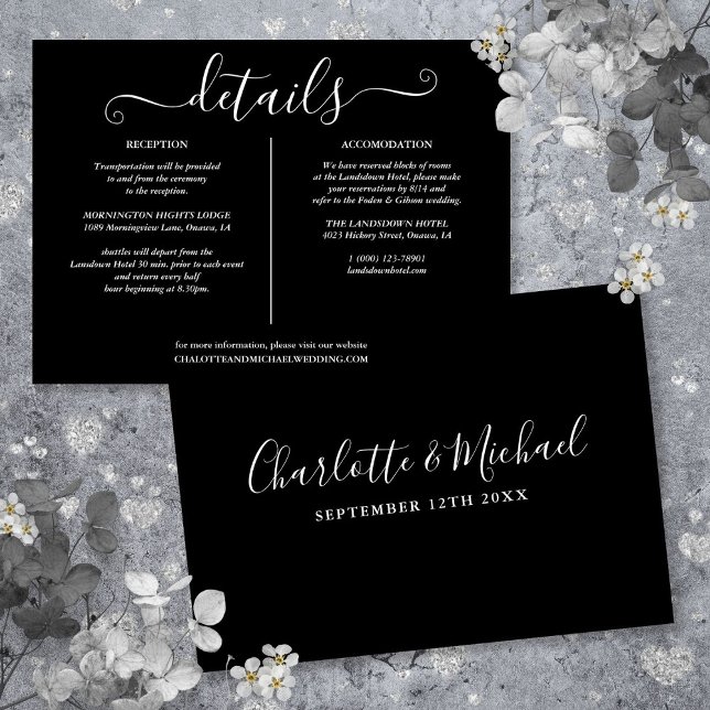 Convite Detalhes do Casamento Preto e Branco Informações (Black And White Wedding Details Information Invitation)