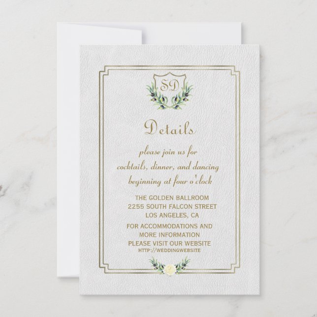 Convite Detalhes do Casamento Real Dourado Crest Lush Gree (Frente)