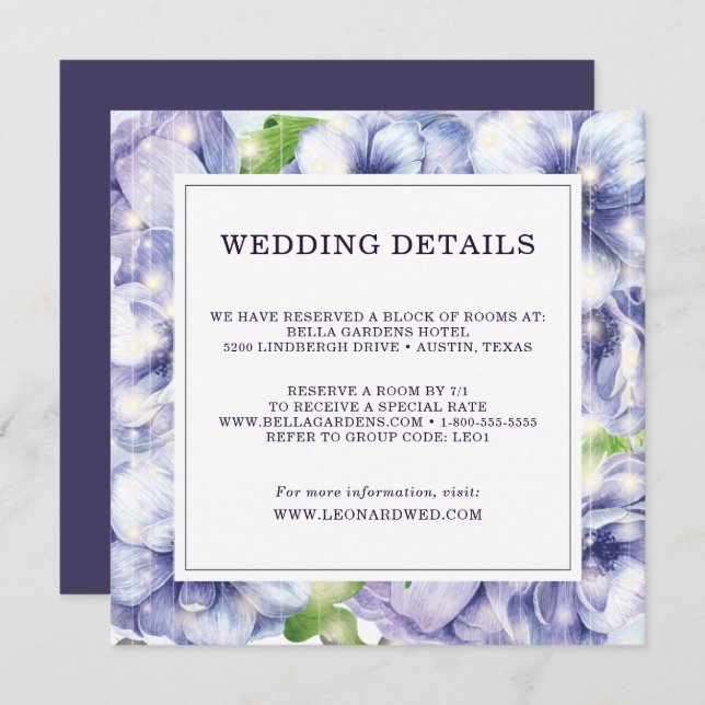 Convite Detalhes do Casamento Roxo da Anêmona Floral (Frente/Verso)