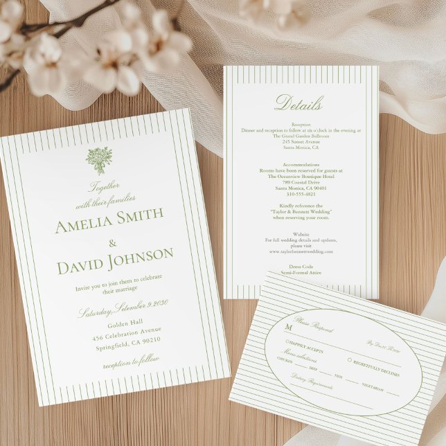 Convite Detalhes do Casamento Verde com Listras Minimalist (Criador carregado)