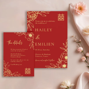 Convite Detalhes do Casamento Vermelho Chinês Moderno de F
