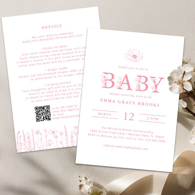 Convite Detalhes do Chá de Bebê Wildflower no Verso (Wildflower - Pink Baby Shower Invite)