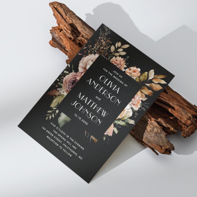 Convite Detalhes do código QR do casamento floral preto de (Criador carregado)