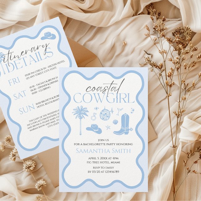 Convite Detalhes do Fim de Semana da Bachelorette Azul da  (Coastal Cowgirl Bachelorette Weekend Itinerary Invitation)