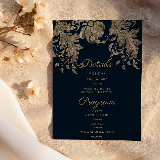 Convite Detalhes do Programa de luxo floral de renda doura (Navy blue gold lace floral luxury Details Program)