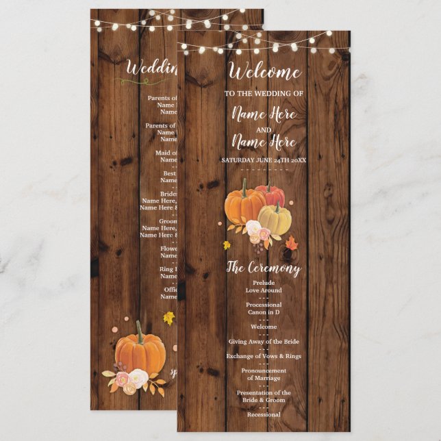Convite Detalhes do Programa Rustic Fall Pumpkin Wood Casa (Frente/Verso)