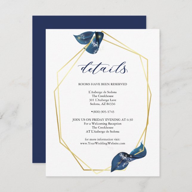 Convite Detalhes Dourados e Azul de índio Profundo Moderno (Frente/Verso)
