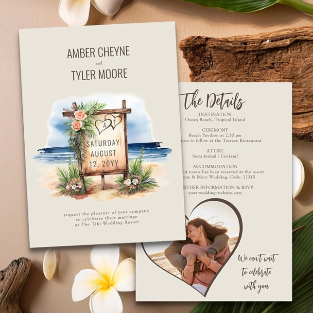 Convite Detalhes e Foto Simples de Casamento de Aquarelas  (Wedding Invitation with Photo & Details from the Sunset Beach Wedding Collection by Darling & May)