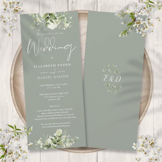 Convite Detalhes Florais de Verdor Casamento Verde Sage El (Greenery Floral Details Elegant Sage Green Wedding Invitation)