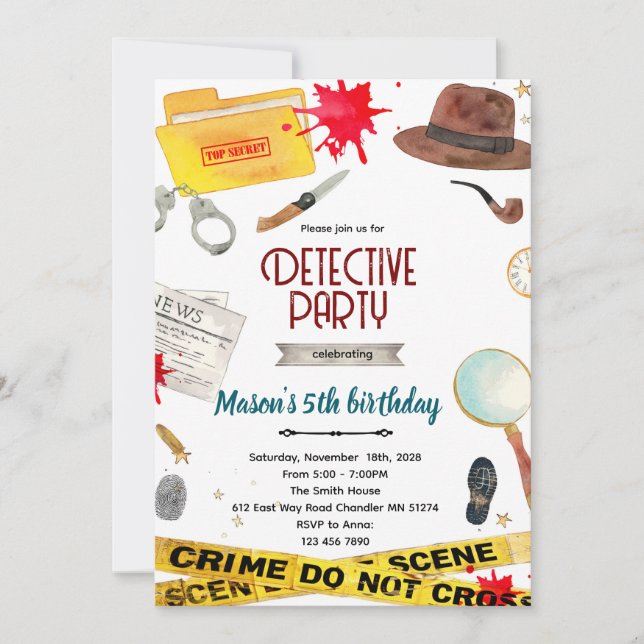 Convite Detective birthday Party Invitation  (Frente)