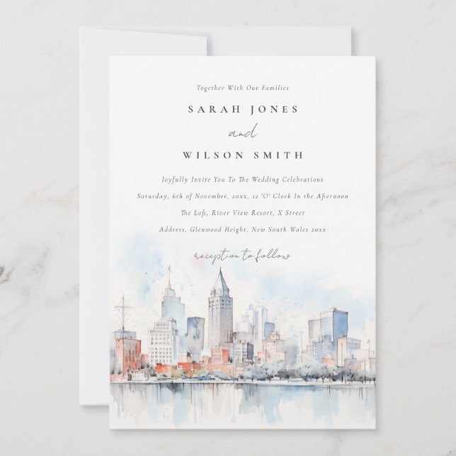 Convite Detroit Michigan Watercolor Landscape Wedding (Frente)
