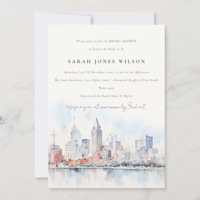 Convite Detroit Michigan Watercolor Scape Bridal Shower (Frente)