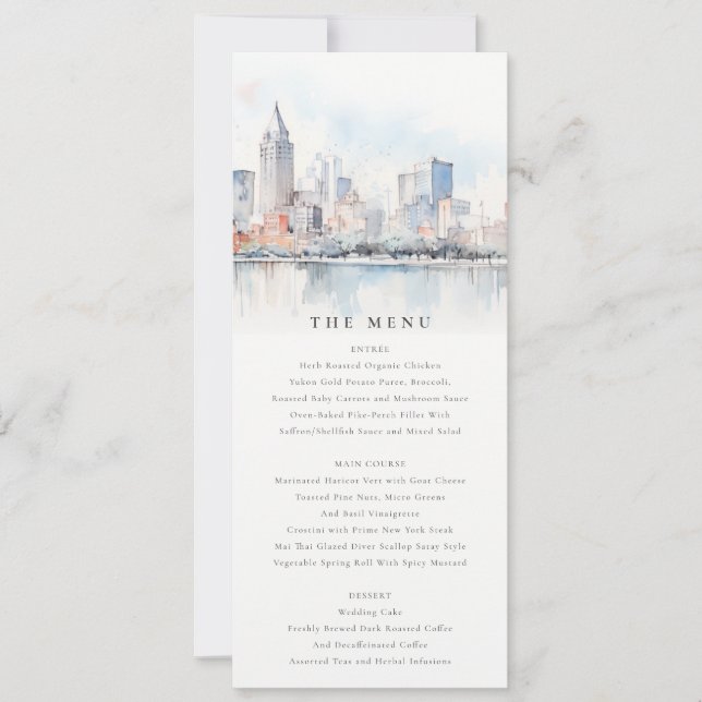 Convite Detroit Michigan Watercolor Scape Wedding Menu (Frente)