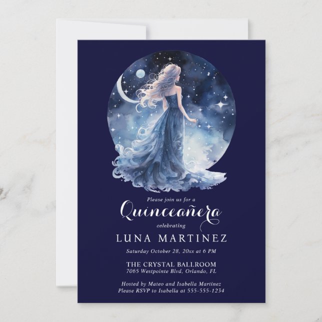 Convite Deusa Celestial Starry Night Sky Quinceañera (Frente)