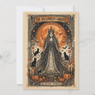 Convite Deusa do Halloween Vintage Witch Gothic Gato Preto