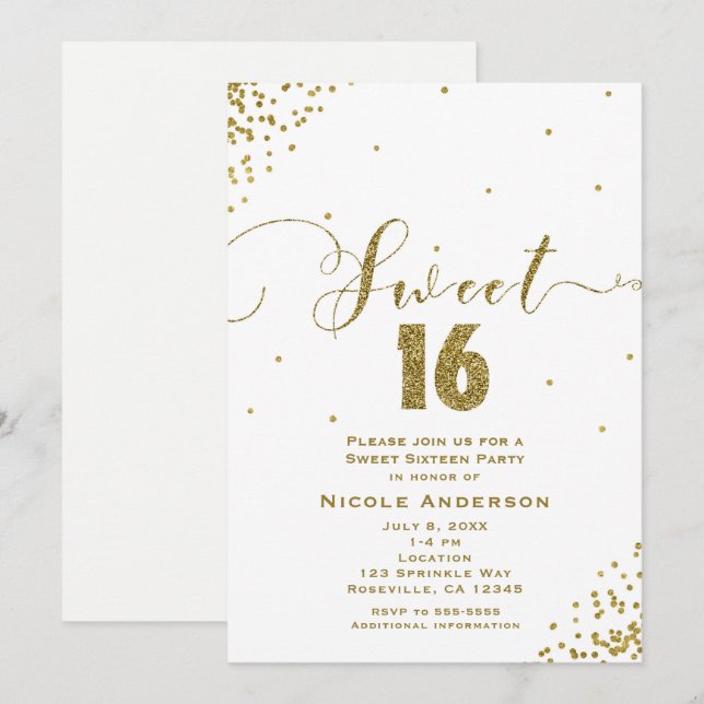 Convite DEZESSEIS 16 Branco & Dourado Cantos de Confetes (Frente/Verso)