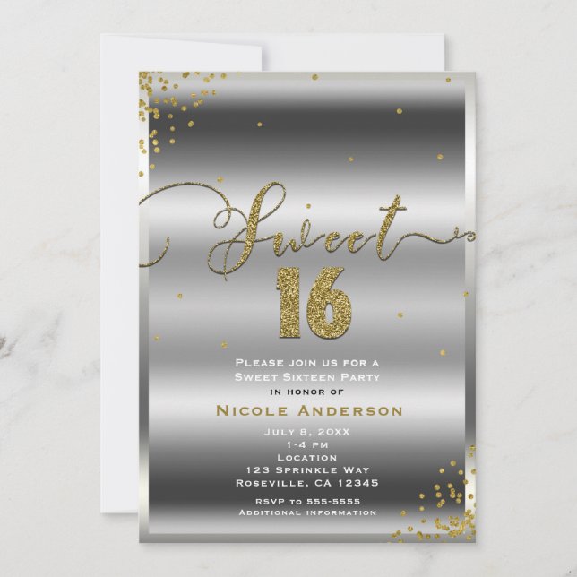 Convite DEZESSEIS Cantos de Confete Prata e Ouro Sweet 16 (Frente)