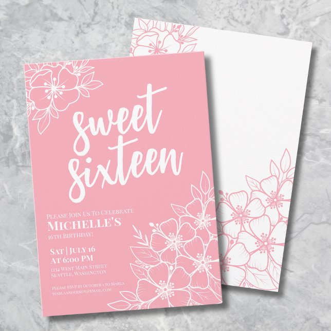 Convite Dezesseis Festa Cor-de-Rosa Elegante Doce 16 (16th Pink Floral Sweet Sixteen Birthday Party Invitation)