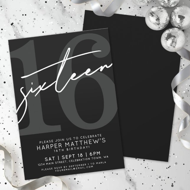 Convite Dezesseis Preto  Branco 16º Aniversário (Sixteen Black White 16th Birthday Invitation)