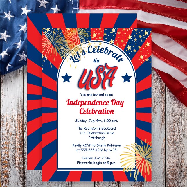 Convite Dia 4 de julho da Independência Celebra o Partido  (July 4th Independence Day "Let's Celebrate the USA" Holiday Party Invitation )