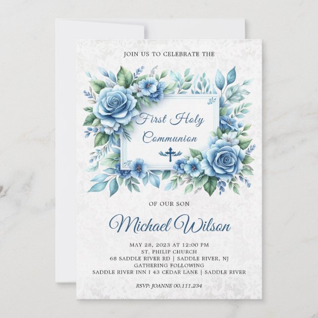Convite Dia abençoado Primeiro Sagrado Comunhão Floral (Frente)