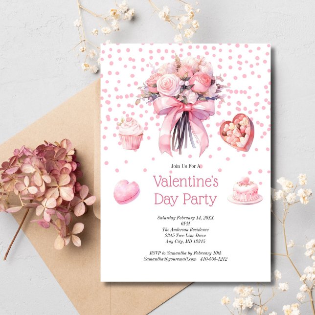 Convite Dia da Galentina, Dia de os namorados de Sweets Fl (Pink Watercolor Floral and Sweets Valentine's Galentine's Day Party. Printed or Digital Invitation)