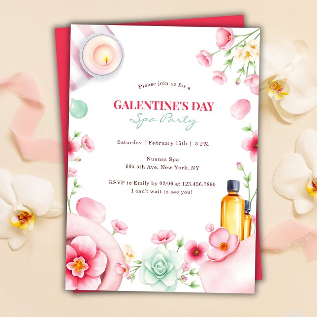 Convite Dia da Galentina do Partido Spa do Relaxamento da  (Girly Floral Relaxing Spa Party Galentine’s Day Invitation)